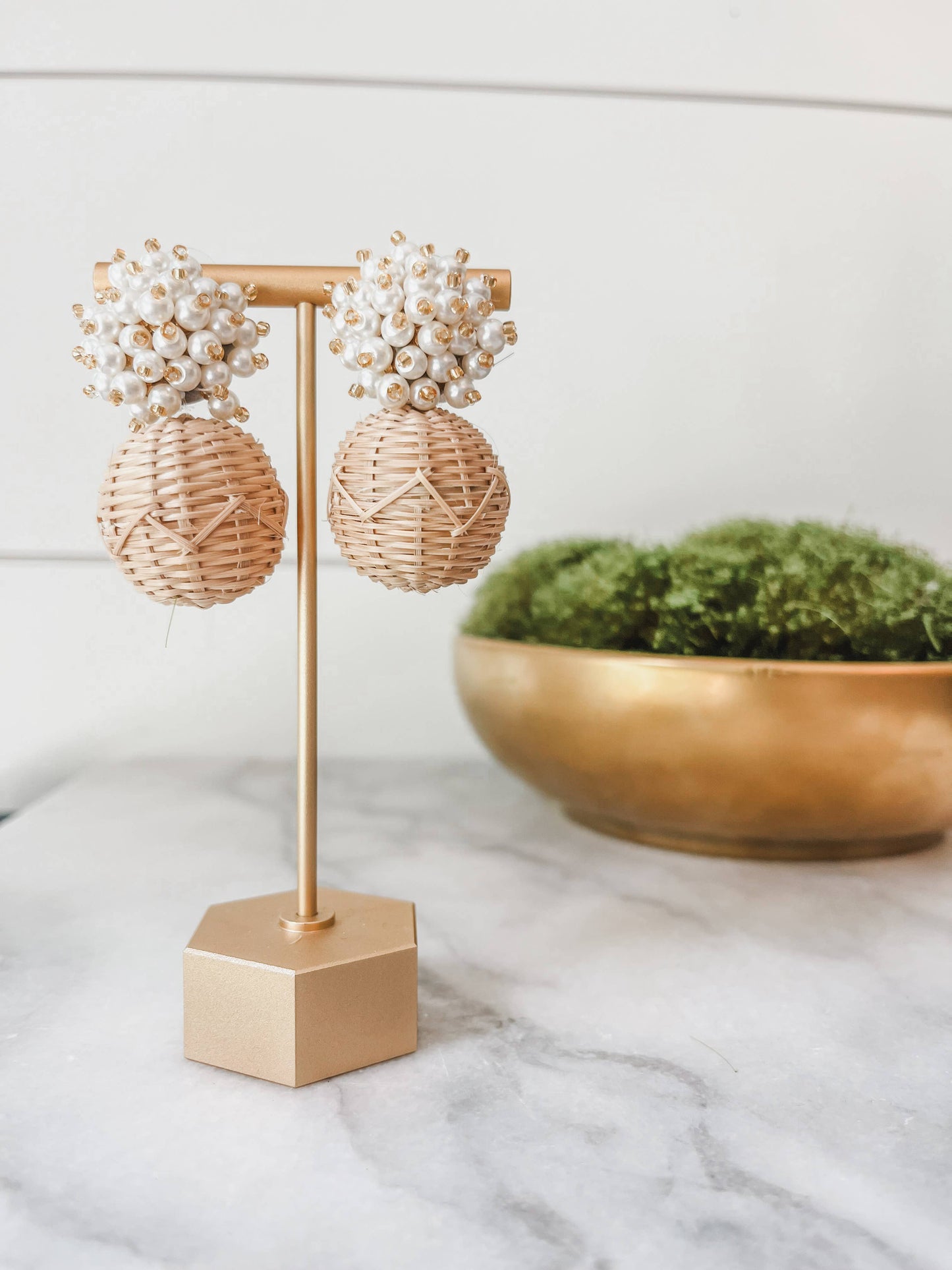 Pearl cluster and Rattan ball Statement Earrings