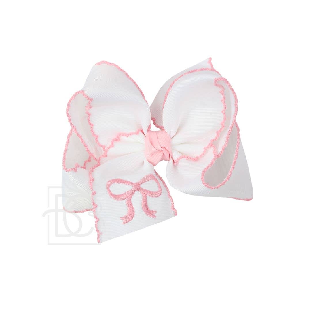 EMBROIDERED BOW CROCHET EDGE HAIR BOW ON ALLIGATOR CLIP : White/Light Pink / 4.5" Large