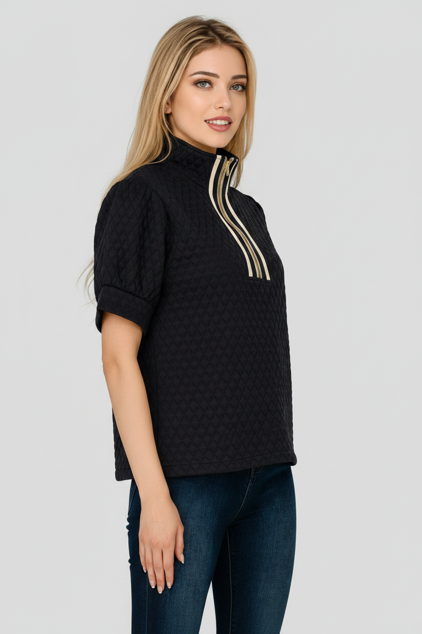MBT 9929 Mandy Black Short Sleeve QUILTED Zip Top Stipe Trim