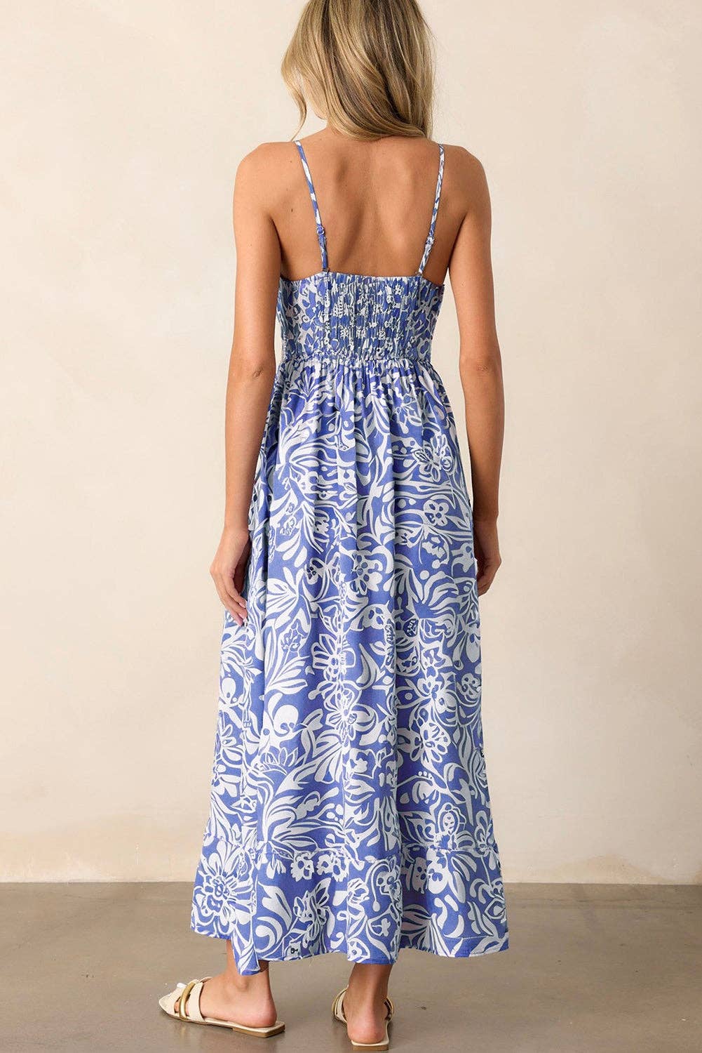 Sky Blue Floral Print Spaghetti Strap High Waist Maxi Dress: Sky Blue / 100%Polyester / S
