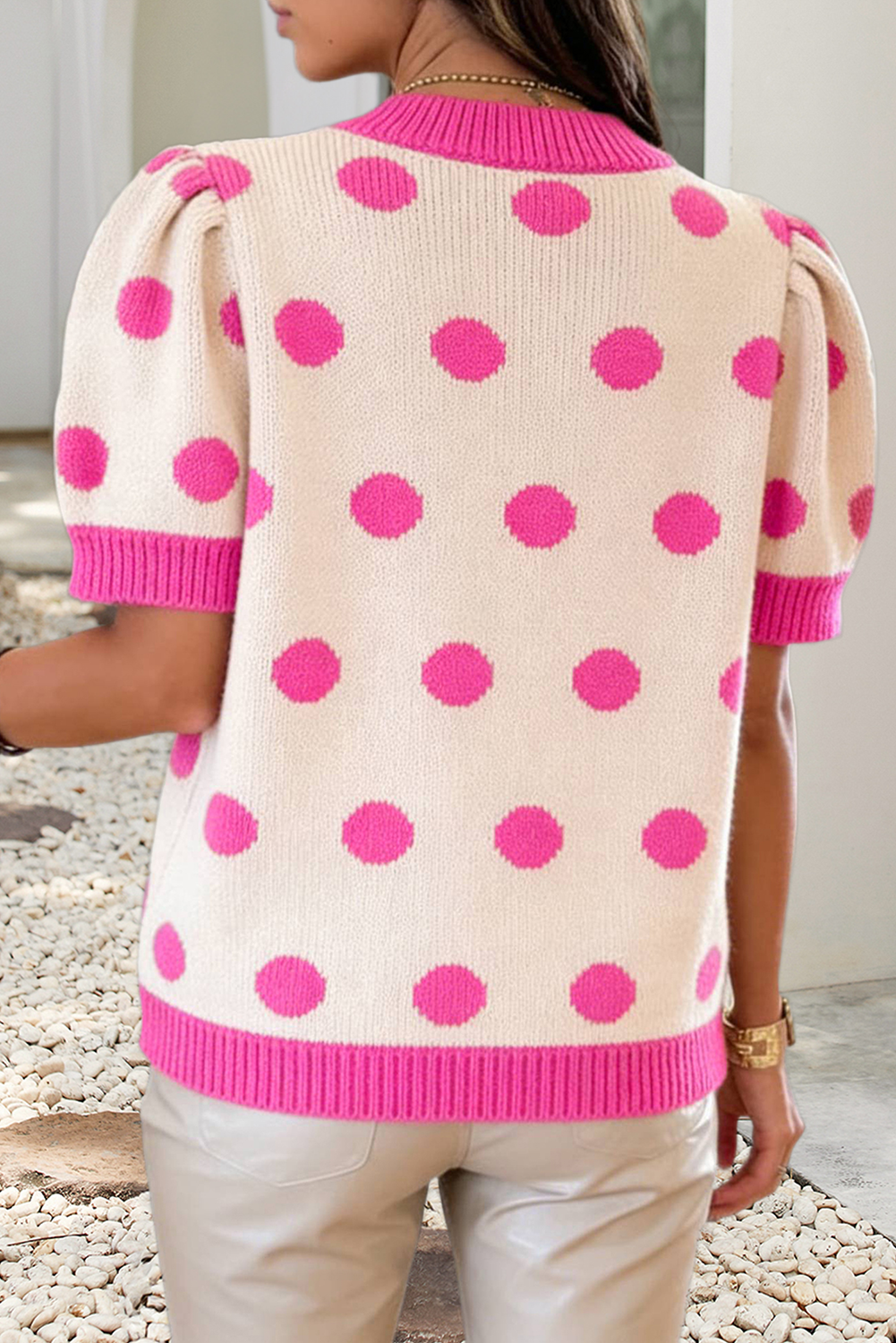 LDC Polka Dot Puff Short Sleeve V Neck Sweater Top: Pink / L