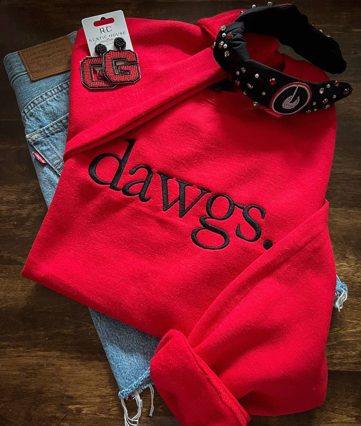 Dawgs. Embroidered Sweatshirt: Black Sweatshirt & Red Thread / M