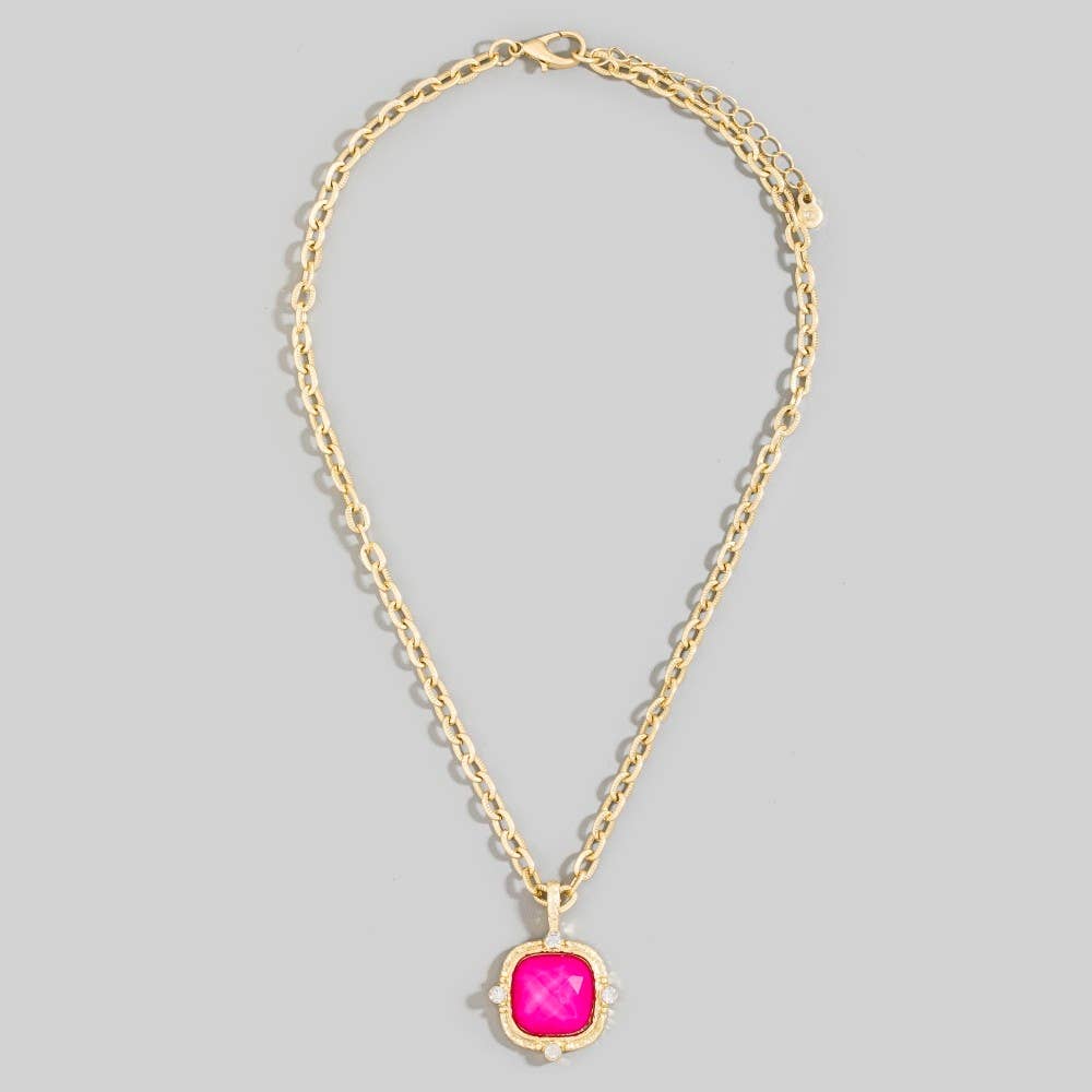 Square Faceted Stone Pendant Chain Necklace Set: PL