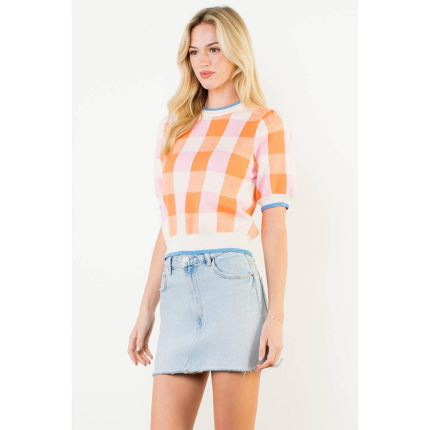 Short Sleeve Check Knit Top: CREAM / XS-S-M-L(1-2-2-1)