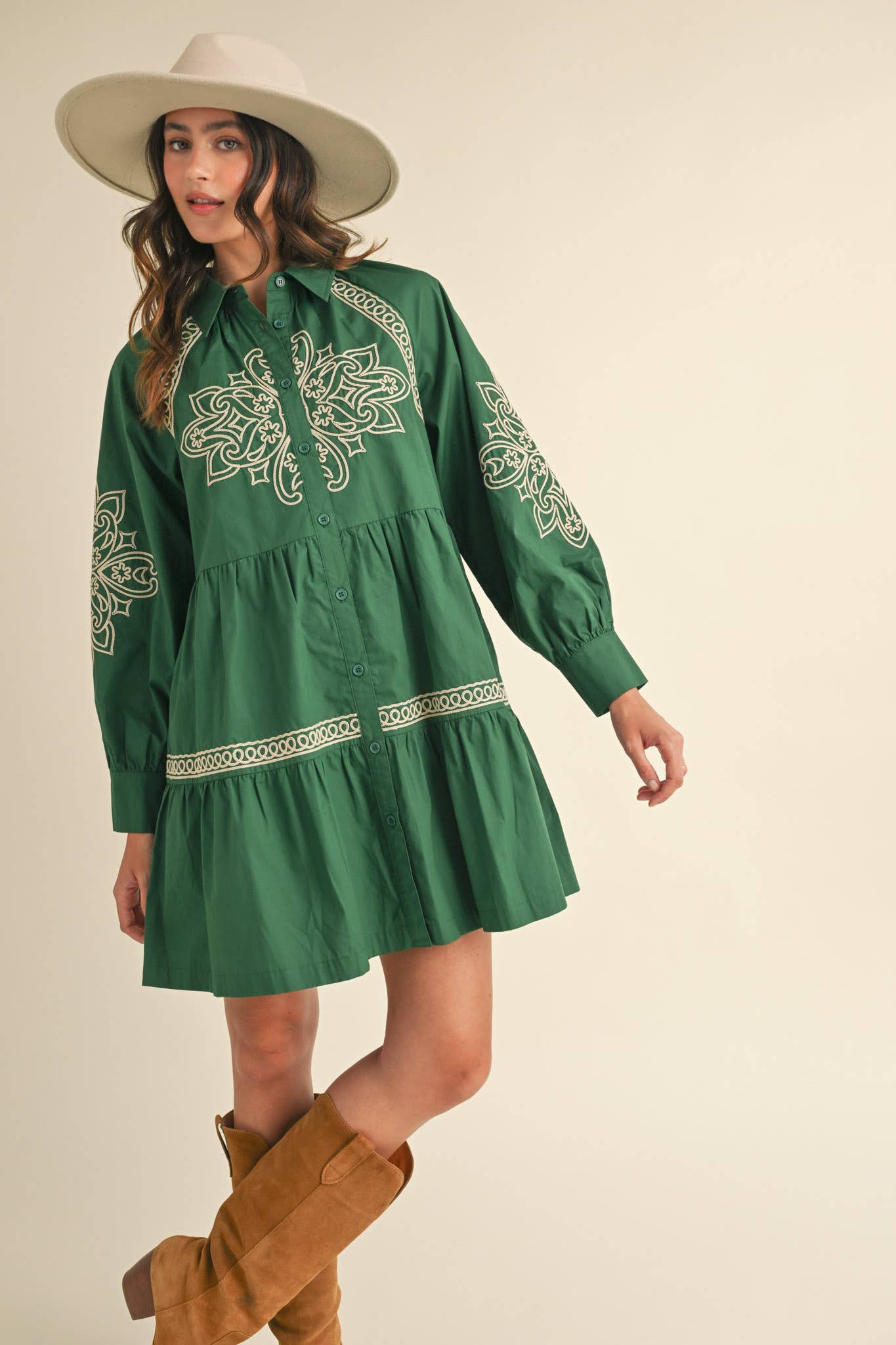 EMBROIDERED BUTTON DOWN MINI DRESS MDR3513: Hunter Green / M