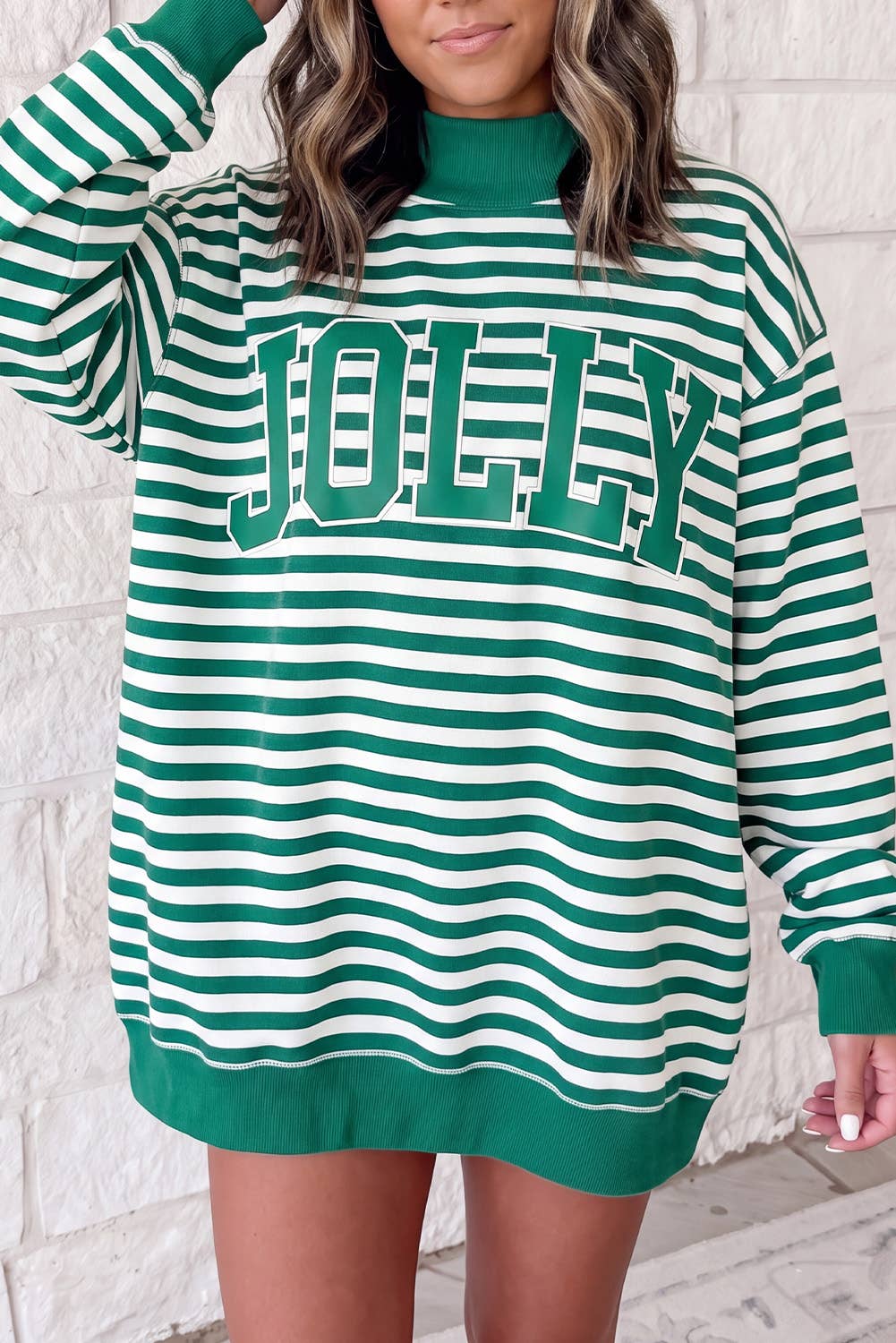 Christmas Slogan Applique Mock Neck Oversize Sweatshirt S–4X: Red Stripe / L