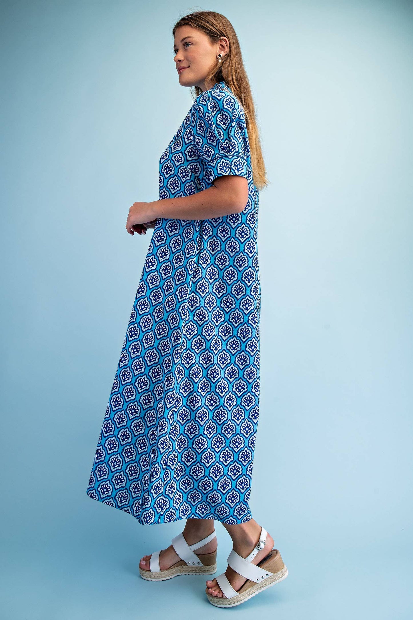 Bright Printed Button Down Midi Dress: SAPPHIRE MIX / 2-2-2(S-M-L)