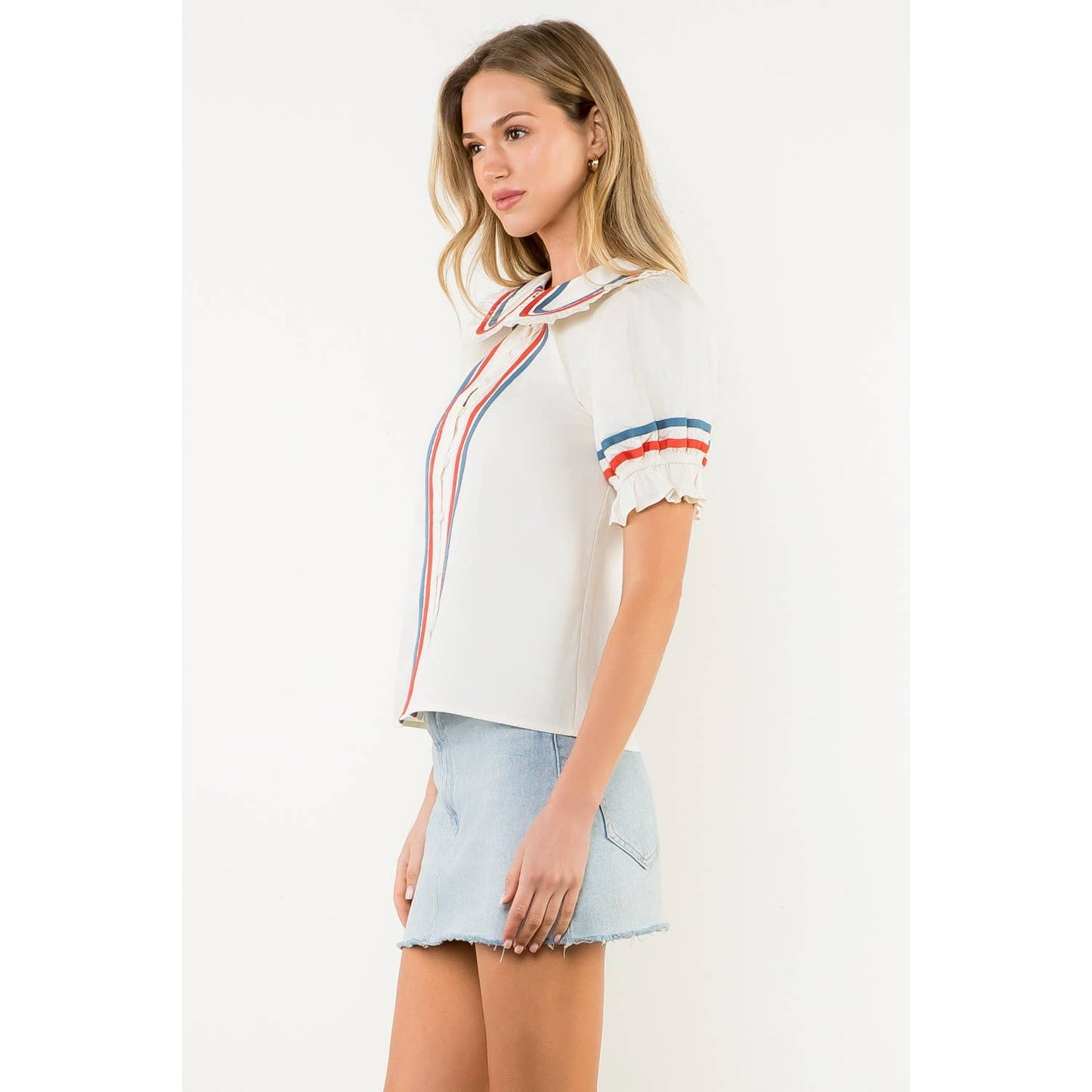 Striped Trim Puff Sleeve Button Top: CREAM / XS-S-M-L(1-2-2-1)