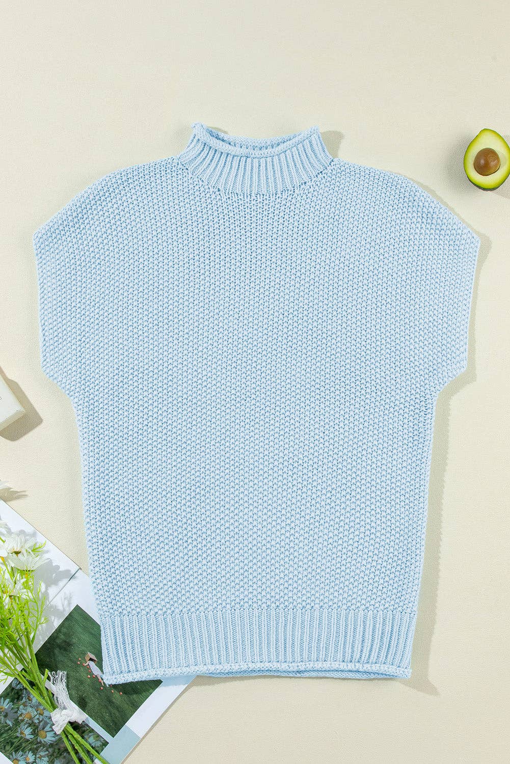 Iceland Blue High Neck Bat Short Sleeve Sweater: Iceland Blue / 60%Cotton+40%Acrylic / XL