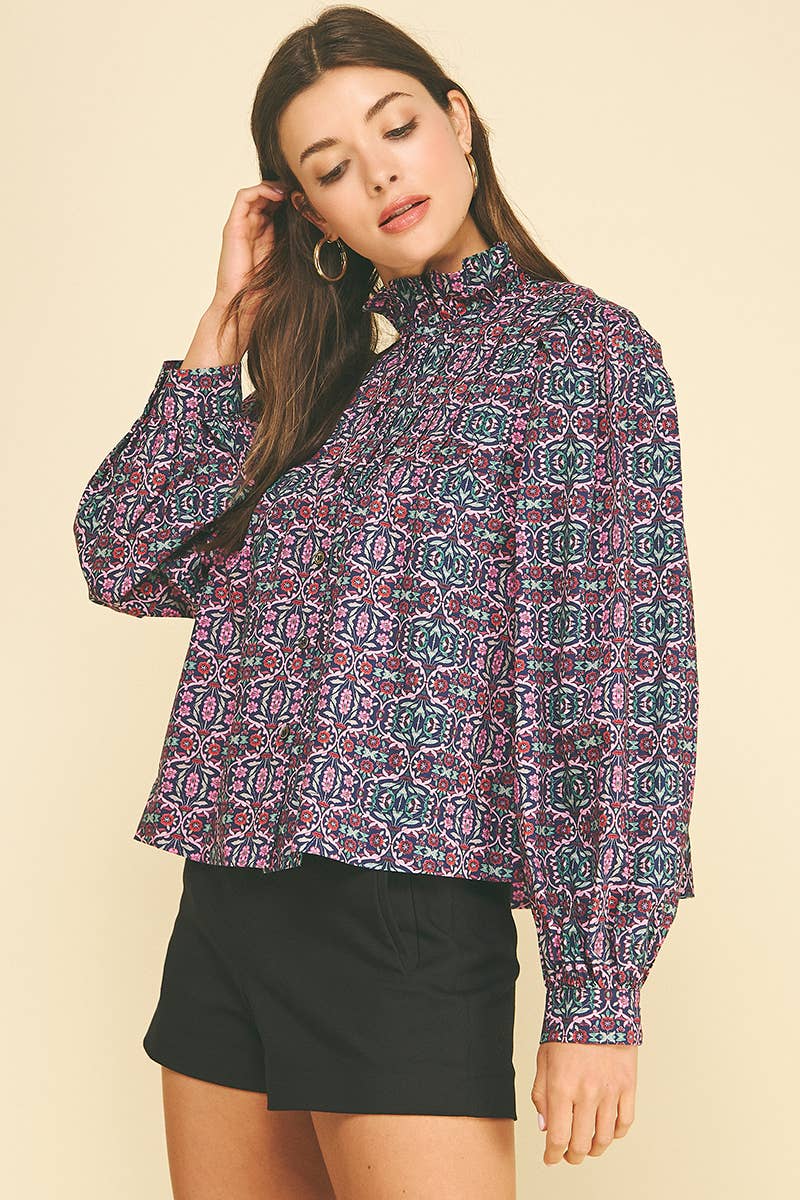 GEOMETRIC FLORAL RUFFLED MOCK NECK BLOUSE - 7594T: NAVY PINK / L