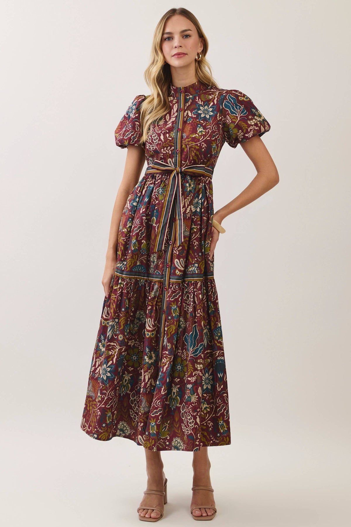 CD07579-Paisley Floral Print Belted Midi Dress: Burgundy / S