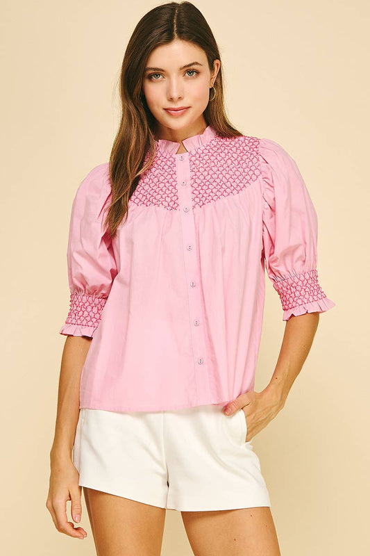 EMBROIDERED BUTTON DOWN BLOUSE TOP - 4951TB: Pink / M