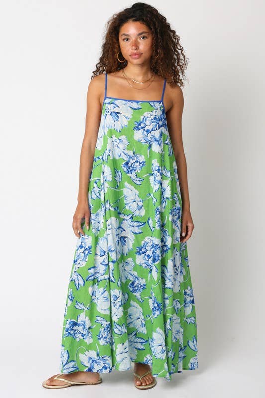 Erika Floral Dress: Green White Blue / L