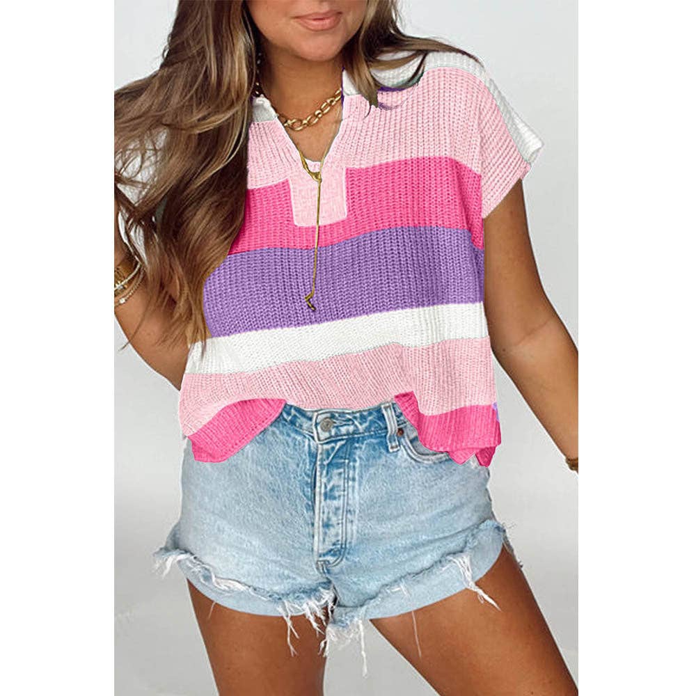Colorblock Striped Knit Top Casual V Neck Short Sleeve Sweater Women: Green / L