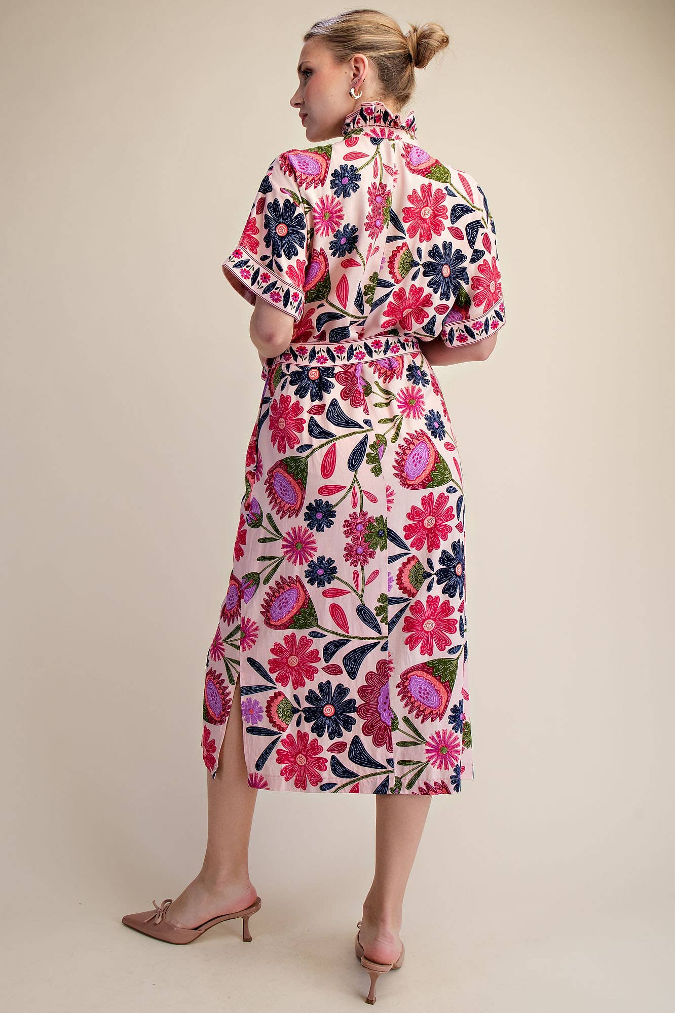 Waist Tie Belt Collar Neck Button-Up Shirts Floral Midi Dres: Coral / M