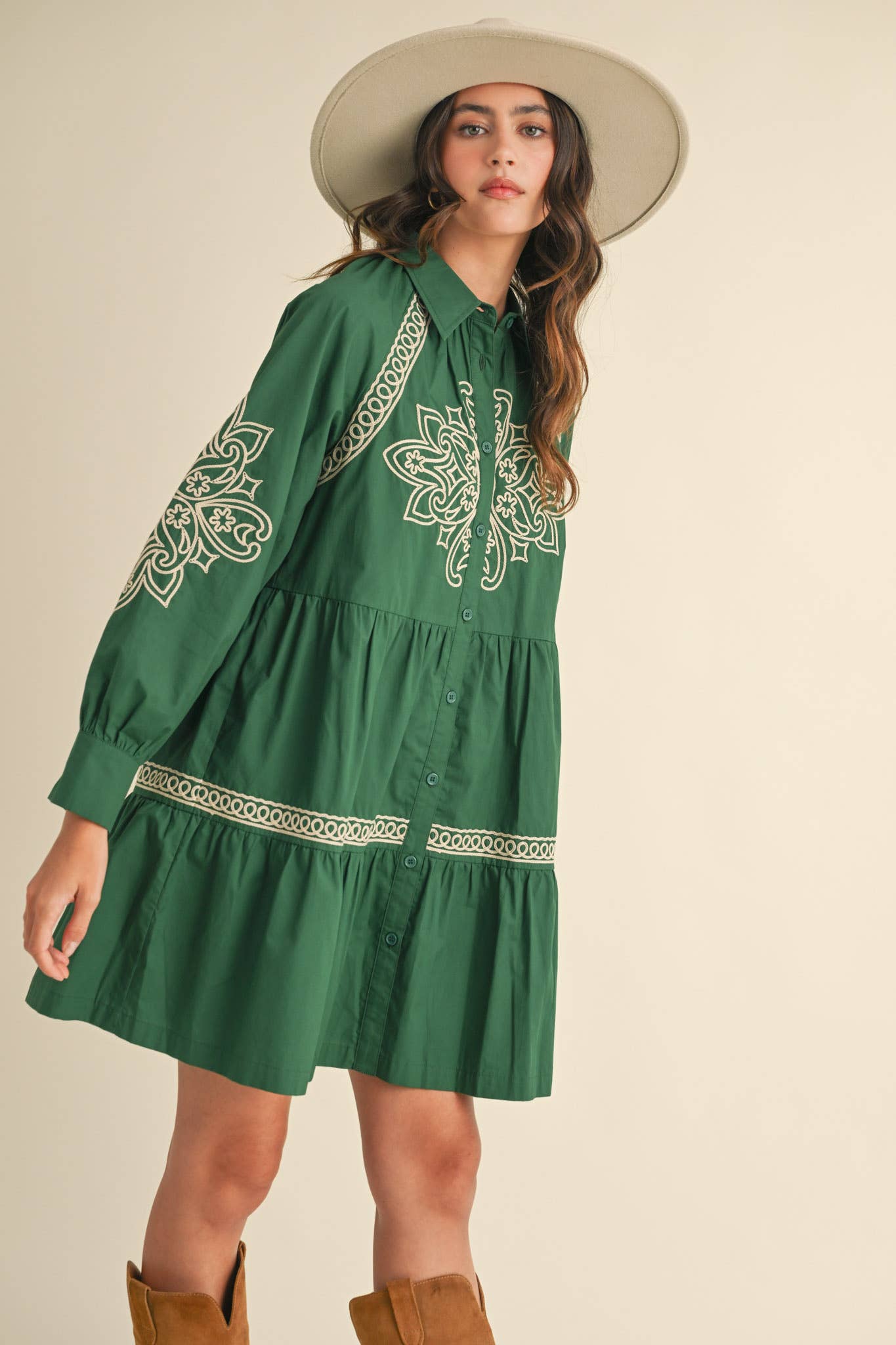 EMBROIDERED BUTTON DOWN MINI DRESS MDR3513: Hunter Green / M