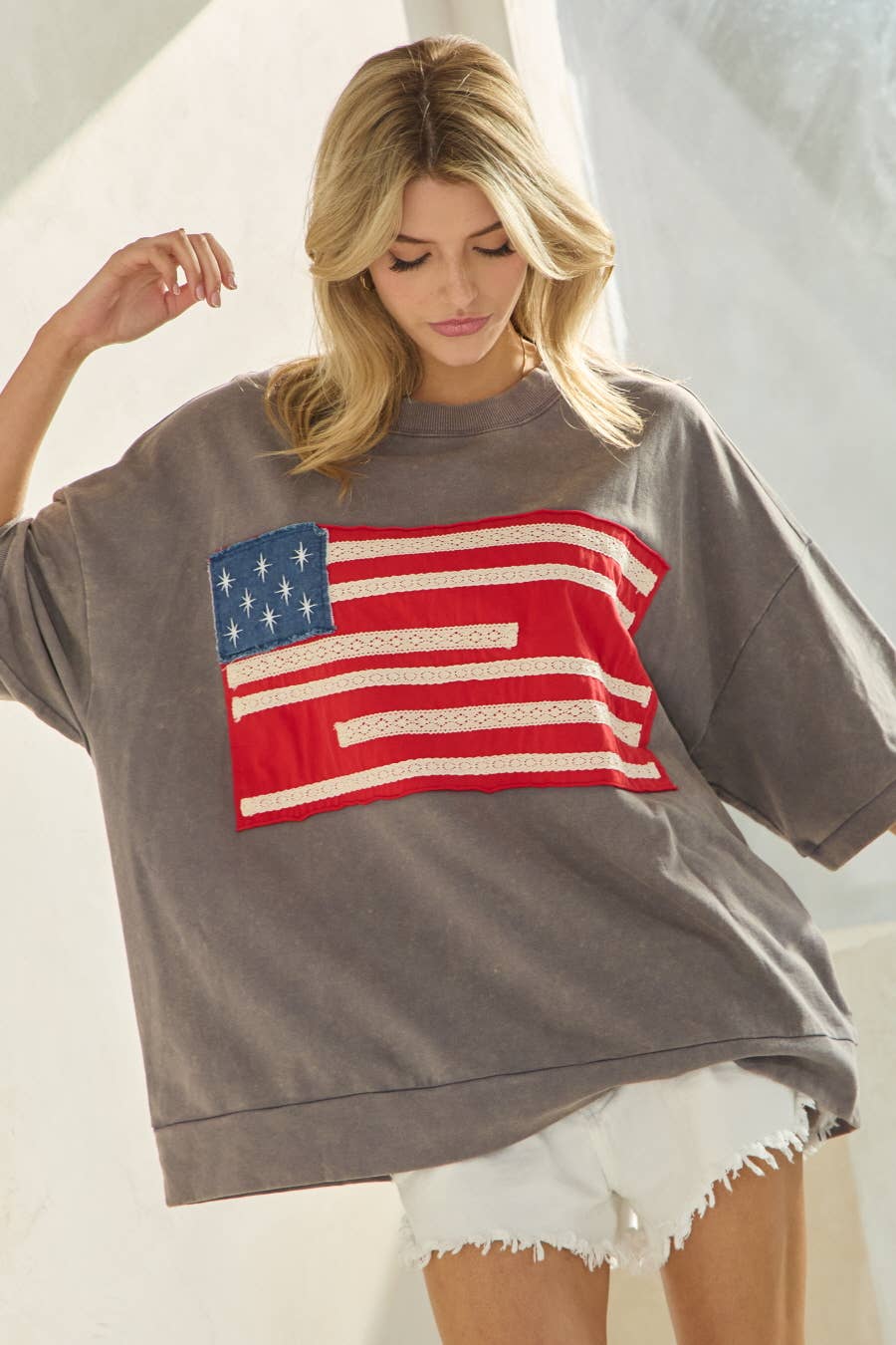 Americana French Terry Short Sleeve Pullover: Washed White / S