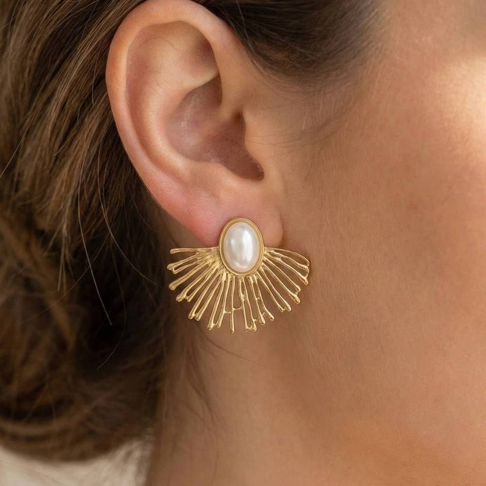 Gold Dipped Pearl Center Fan Ray Stud Earrings: G