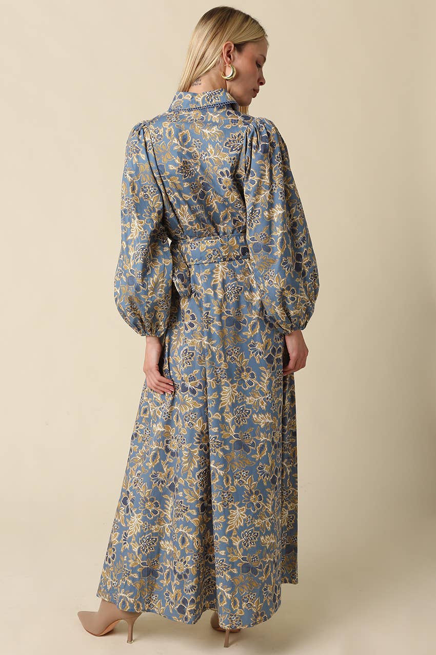Jasmin Floral Belted Maxi Dress: Blue Grey Gold / M