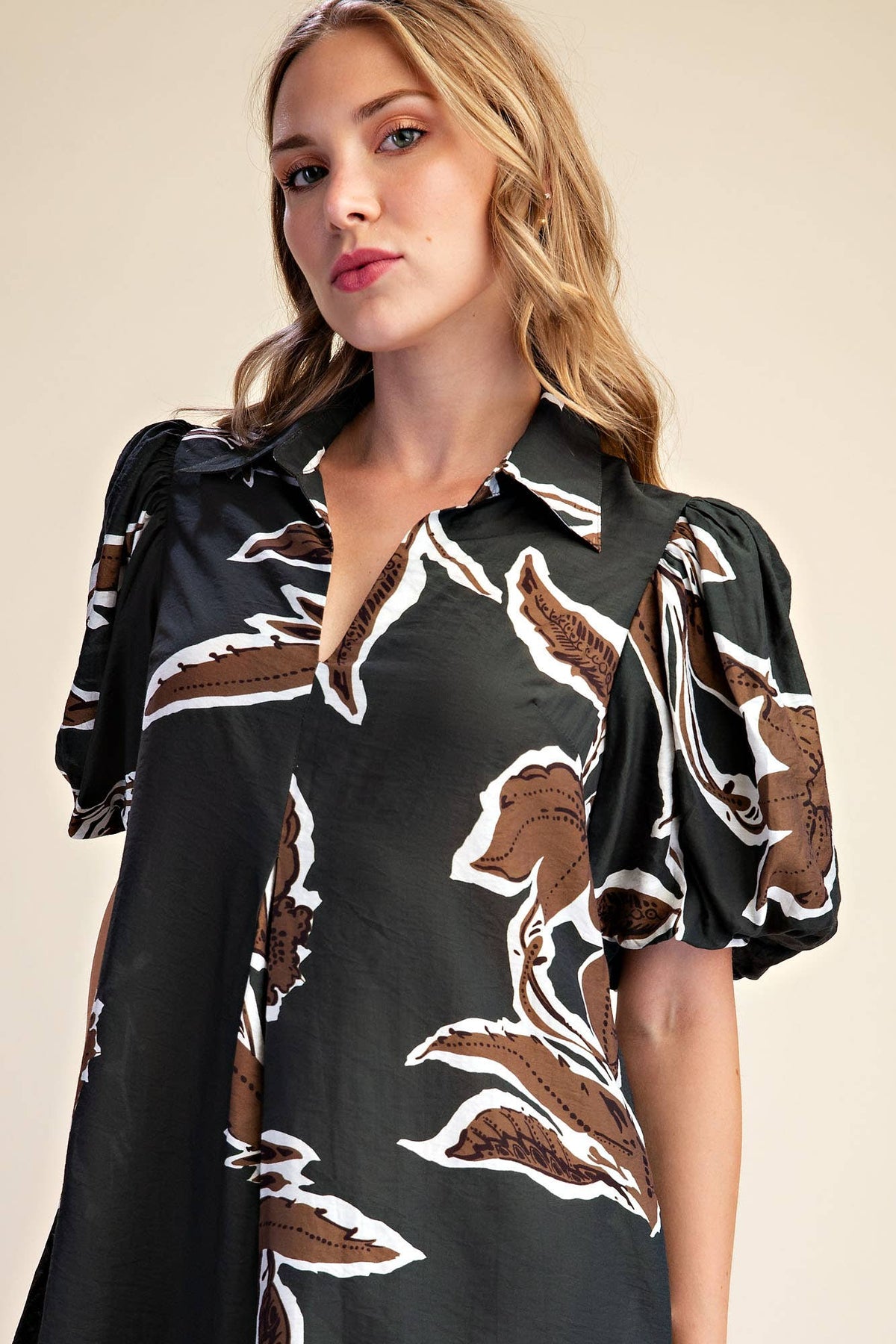 Fall/Winter Print Puff Sleeve Midi Dress : Rust / S