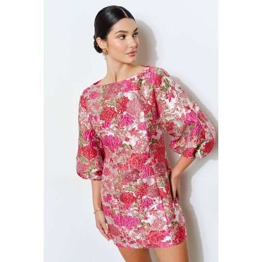 Luxe Metallic Floral Jacquard 3/4 Puff Mini Dress: CORAL / L