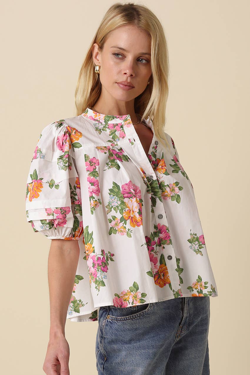 Megan Floral Puff-Sleeve Blouse: White Pink Floral / Contemporary / M