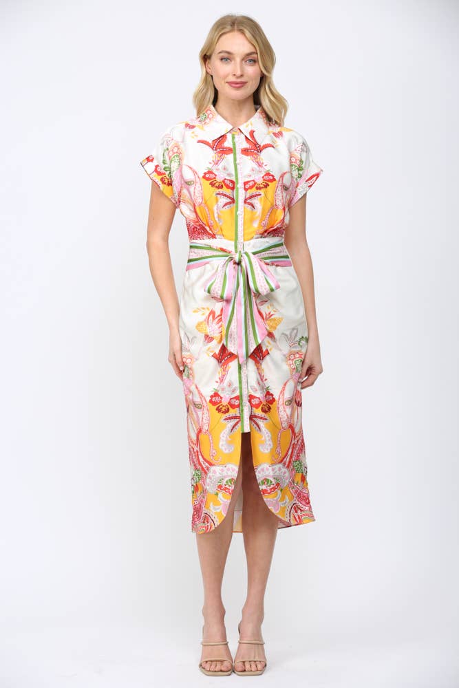 BOTANIC SCARF PRINT SELF TIE WAIST BUTTON DOWN DRESS FD34137: CREAM MULTI / L