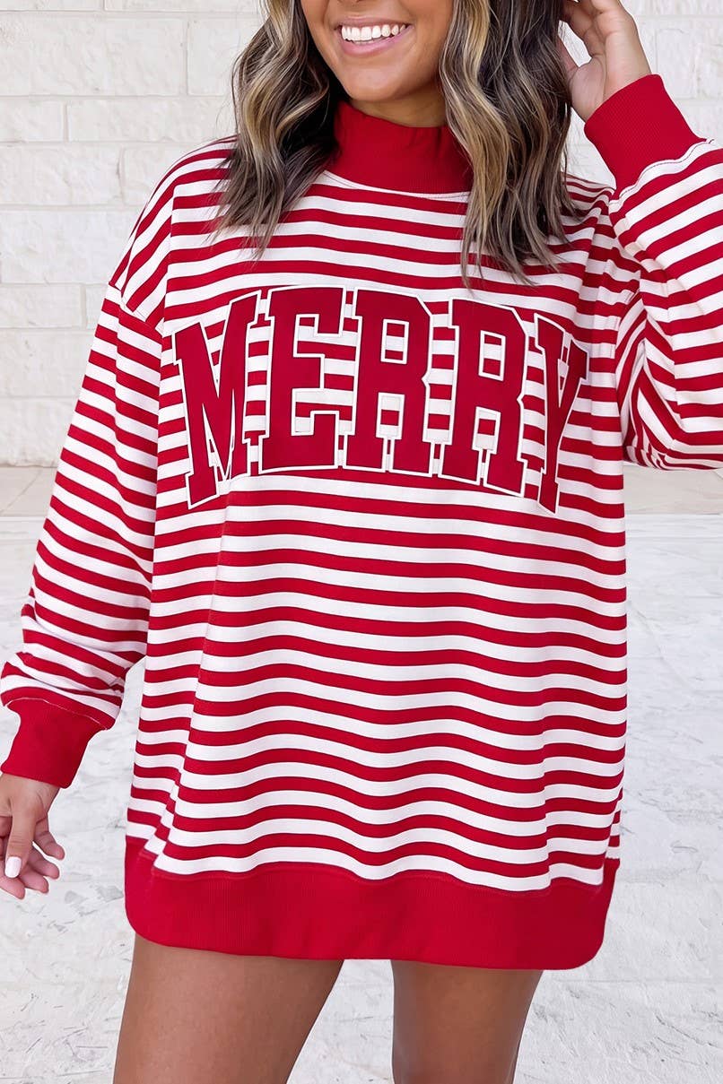 Christmas Slogan Applique Mock Neck Oversize Sweatshirt S–4X: Red Stripe / S