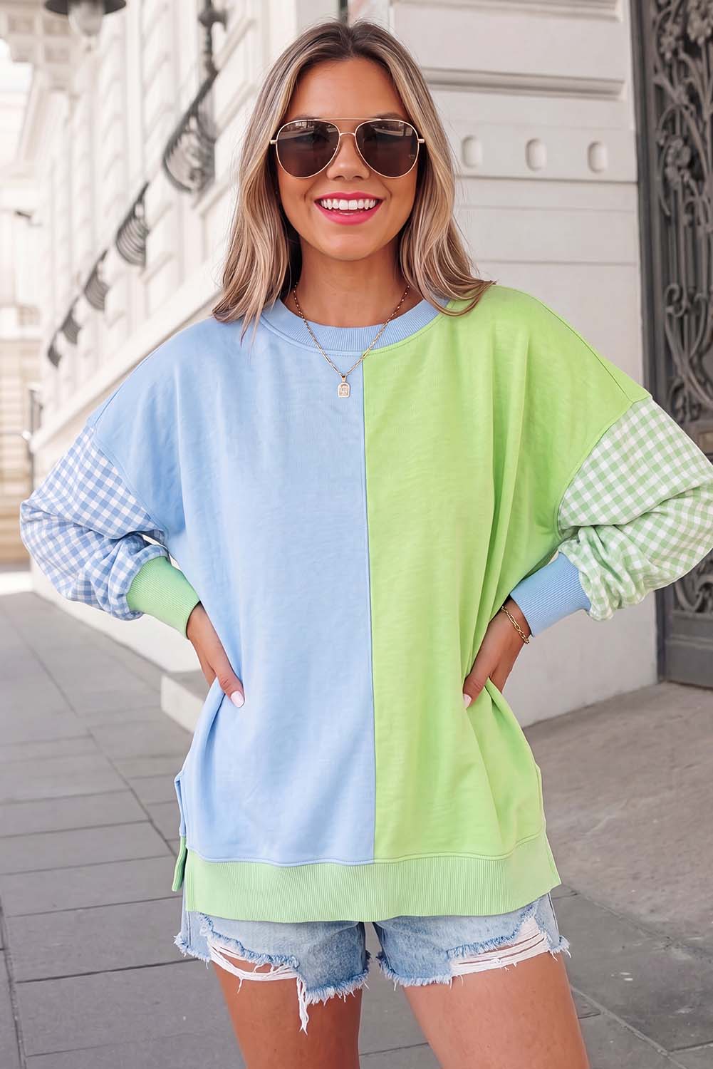 Plaid Print Crewneck Gingham Sleeve Sweatshirt FW26 | S-XL: Rose Red / L