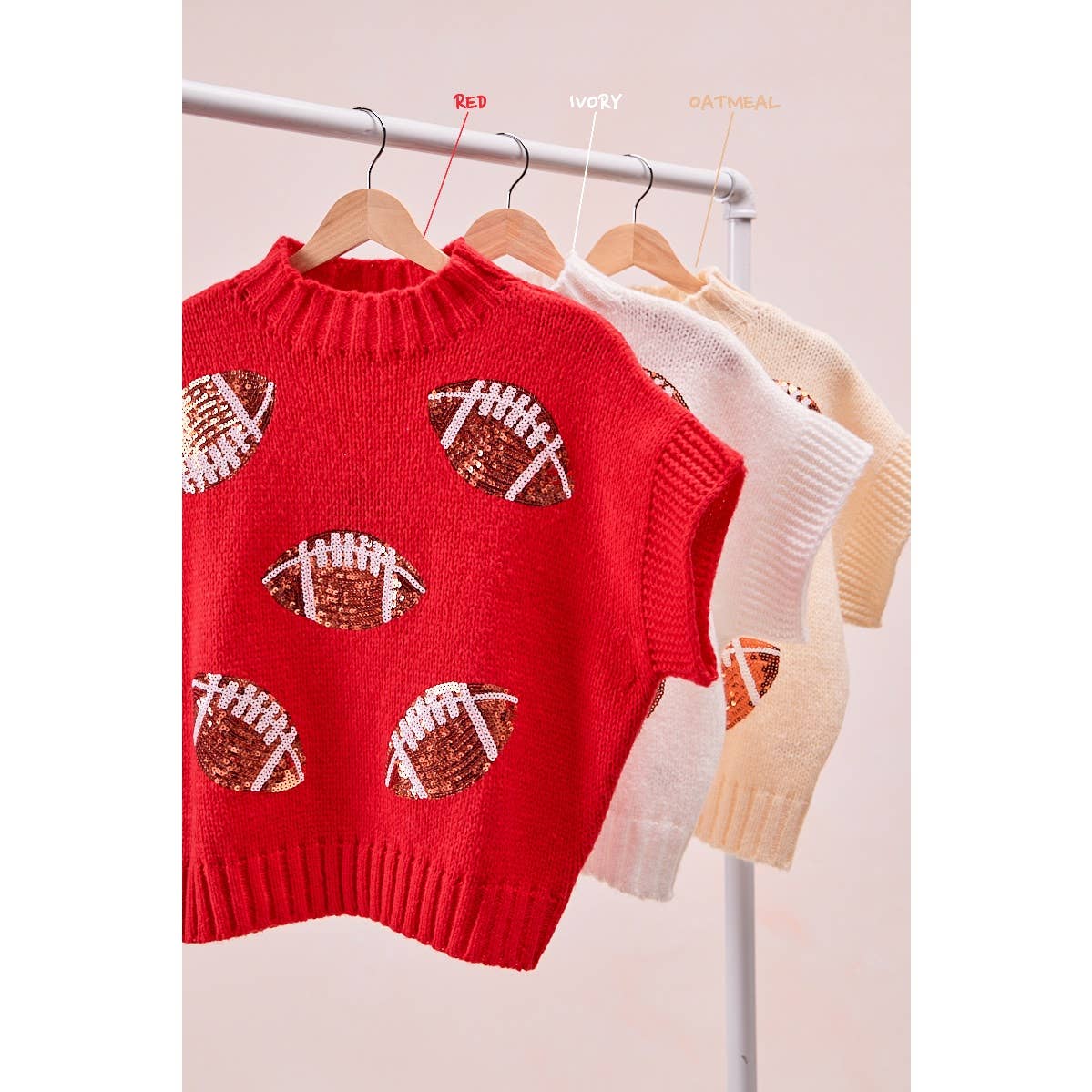SEQUIN FOOTBALL PATCHES RIB BANDED SWEATER: OATMEAL / L