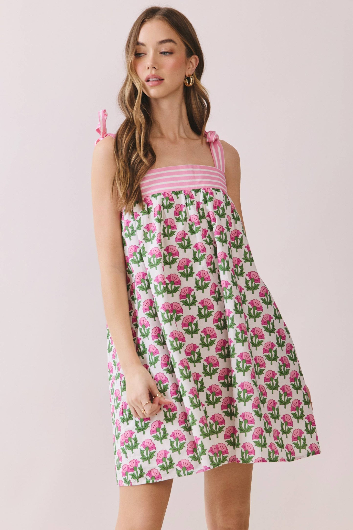 CD06842-Floral Babydoll Mini Dress with Tie Straps: Pink / S