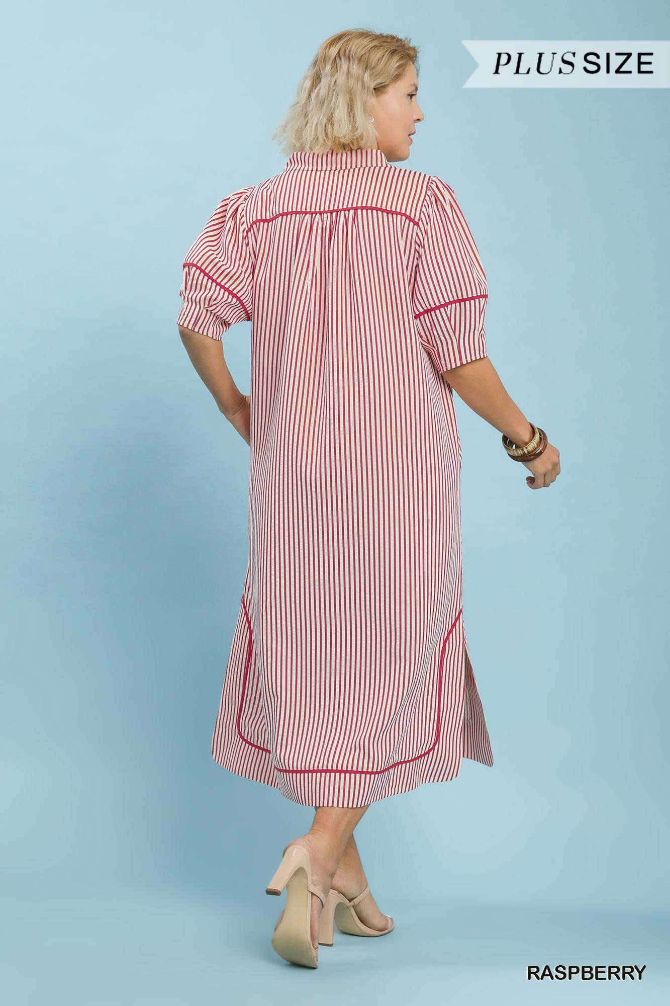 Plus Striped Midi Dress With Puff Sleeves: LT OLIVE / 1-1-1(XL-1XL-2XL)
