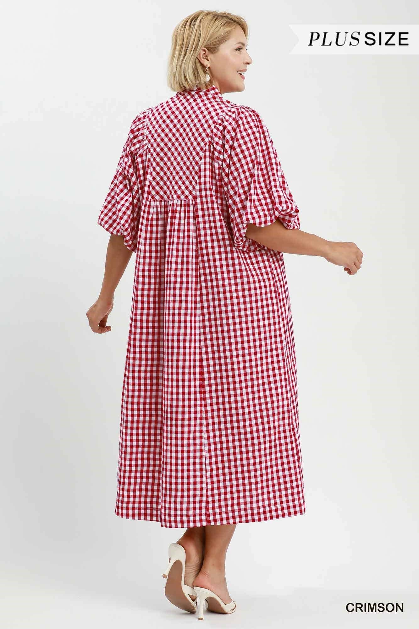 Plus Puff Sleeve Plaid Midi Dress: CRIMSON / 1-1-1(XL-1XL-2XL)