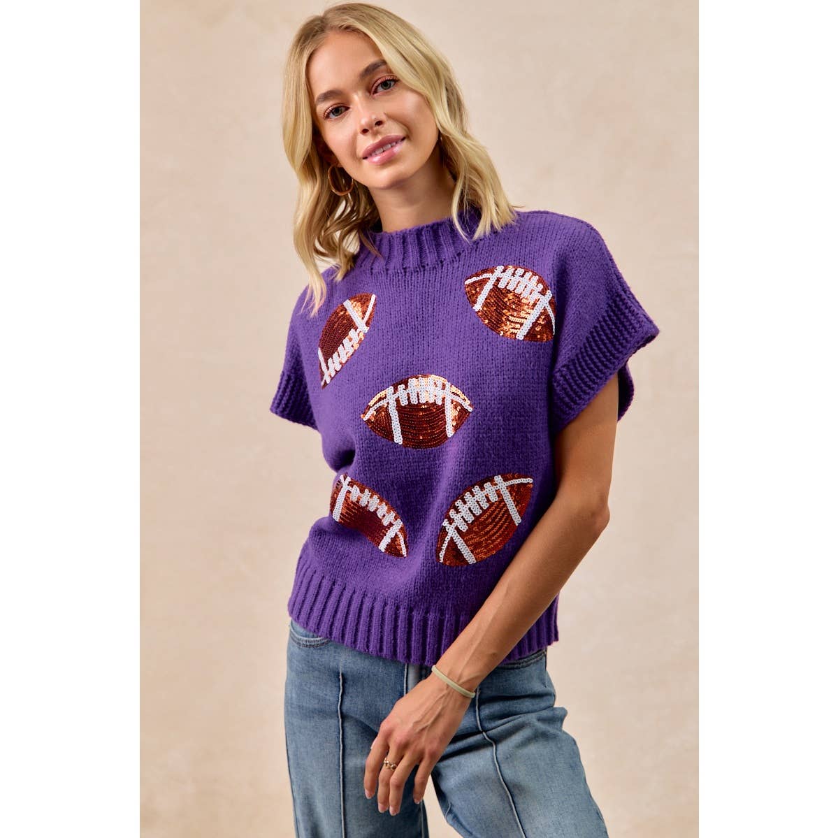 SEQUIN FOOTBALL PATCHES RIB BANDED SWEATER: OATMEAL / XL
