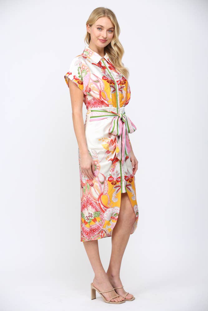 BOTANIC SCARF PRINT SELF TIE WAIST BUTTON DOWN DRESS FD34137: CREAM MULTI / S
