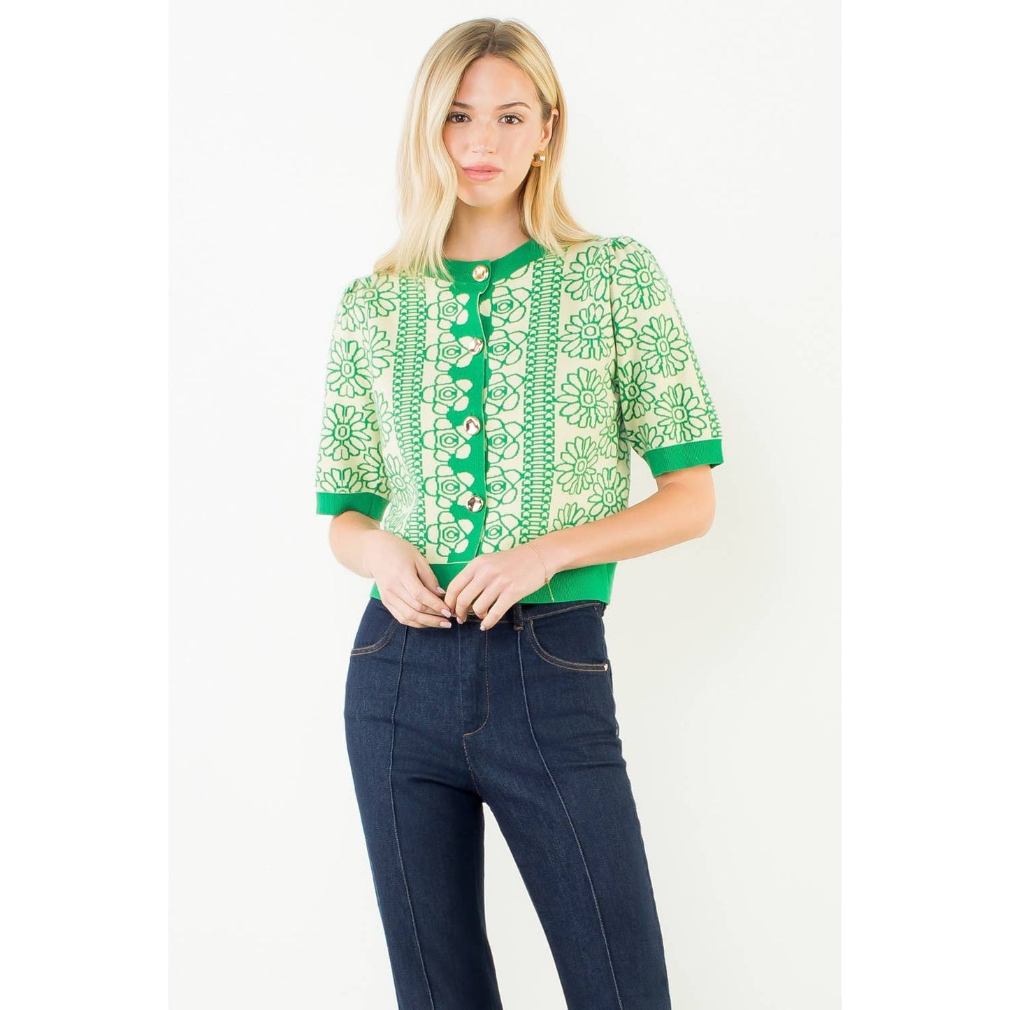 Short Sleeve Floral Pattern Button Up Top: GREEN / XS-S-M-L(1-2-2-1)