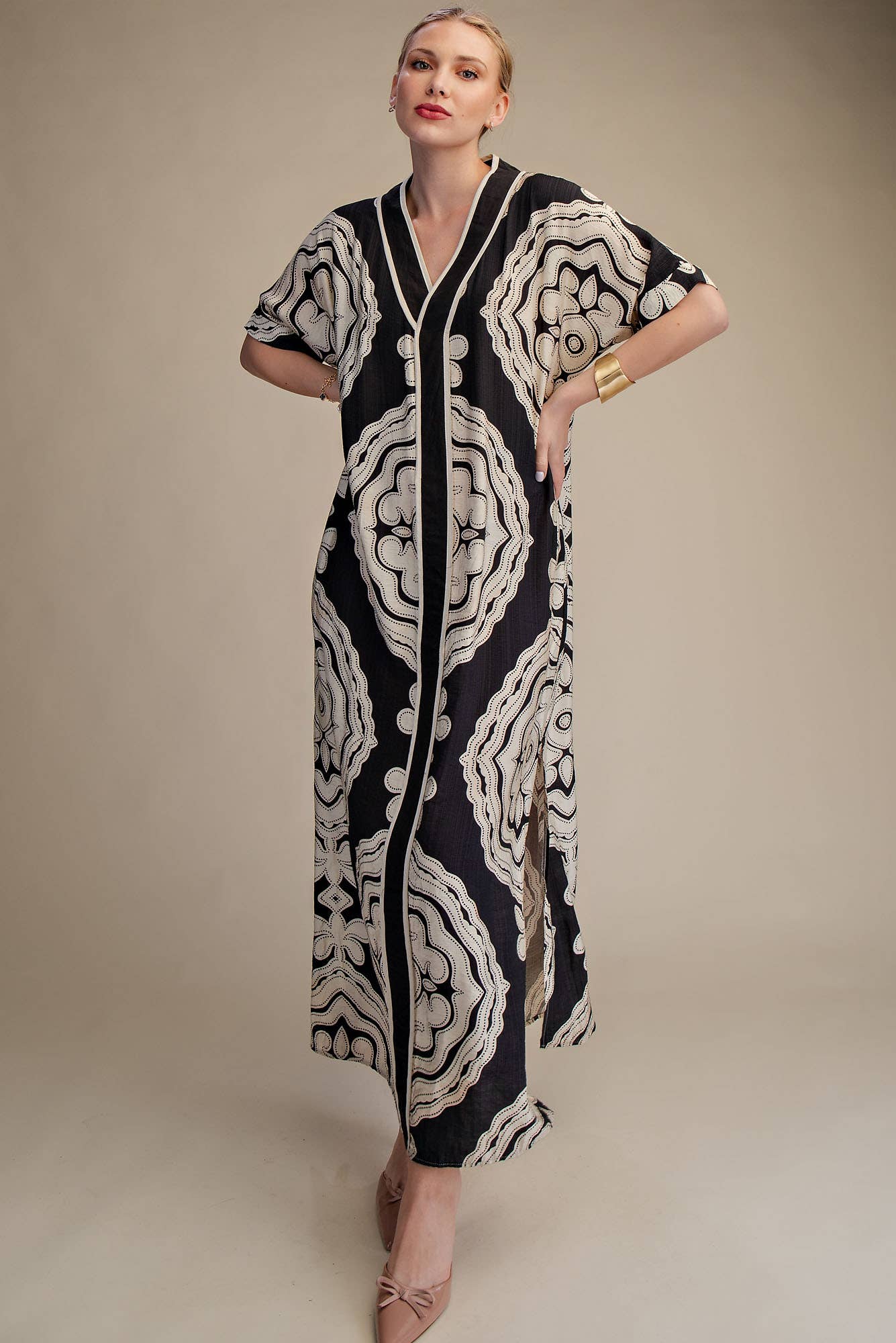 V-Neck Short Sleeve Maxi Print Dress: Blue / M