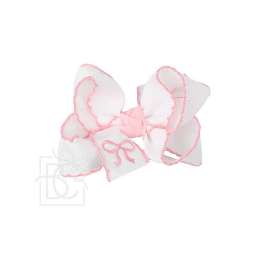 EMBROIDERED BOW CROCHET EDGE HAIR BOW ON ALLIGATOR CLIP : White/Light Pink / 4.5" Large