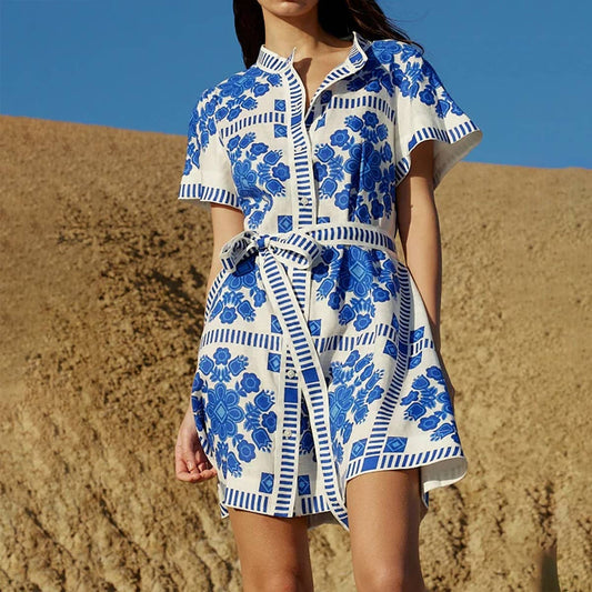 Casual fashion printed lace-up waist loose dress: BLUE / (M) 1