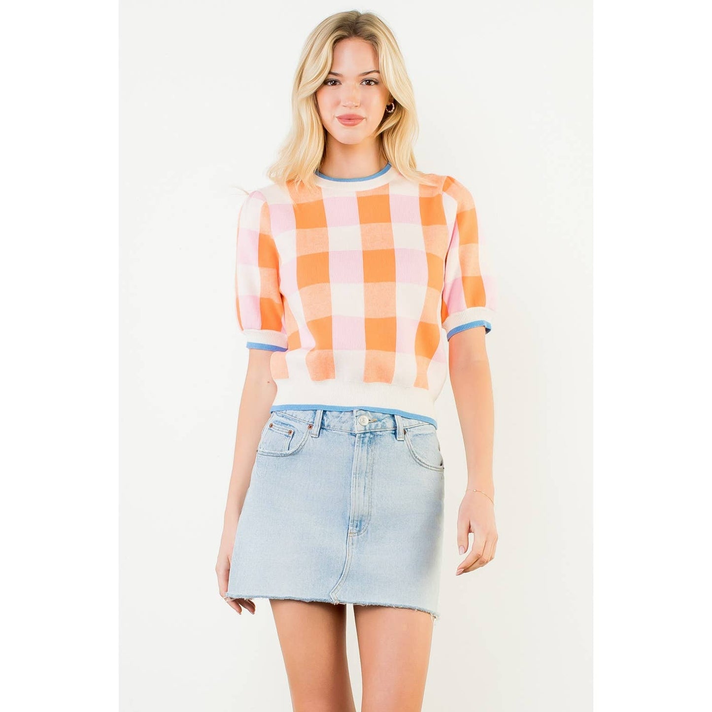 Short Sleeve Check Knit Top: CREAM / XS-S-M-L(1-2-2-1)