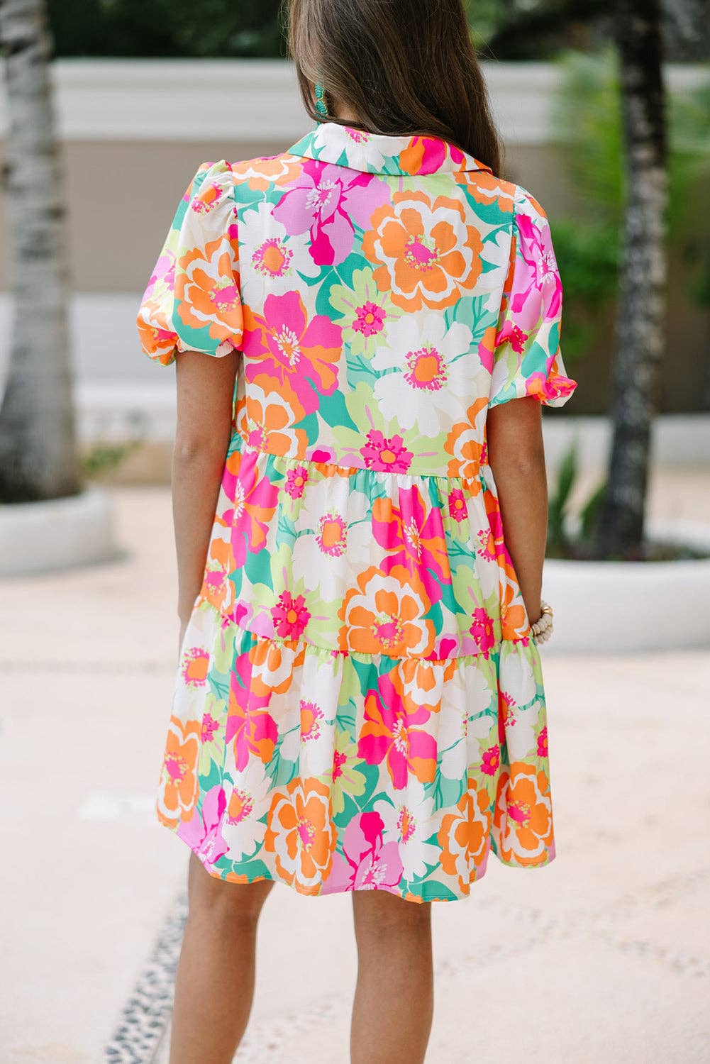 Floral Puff Sleeve Collar Buttoned Babydoll Dress: Green / 100%Polyester / M