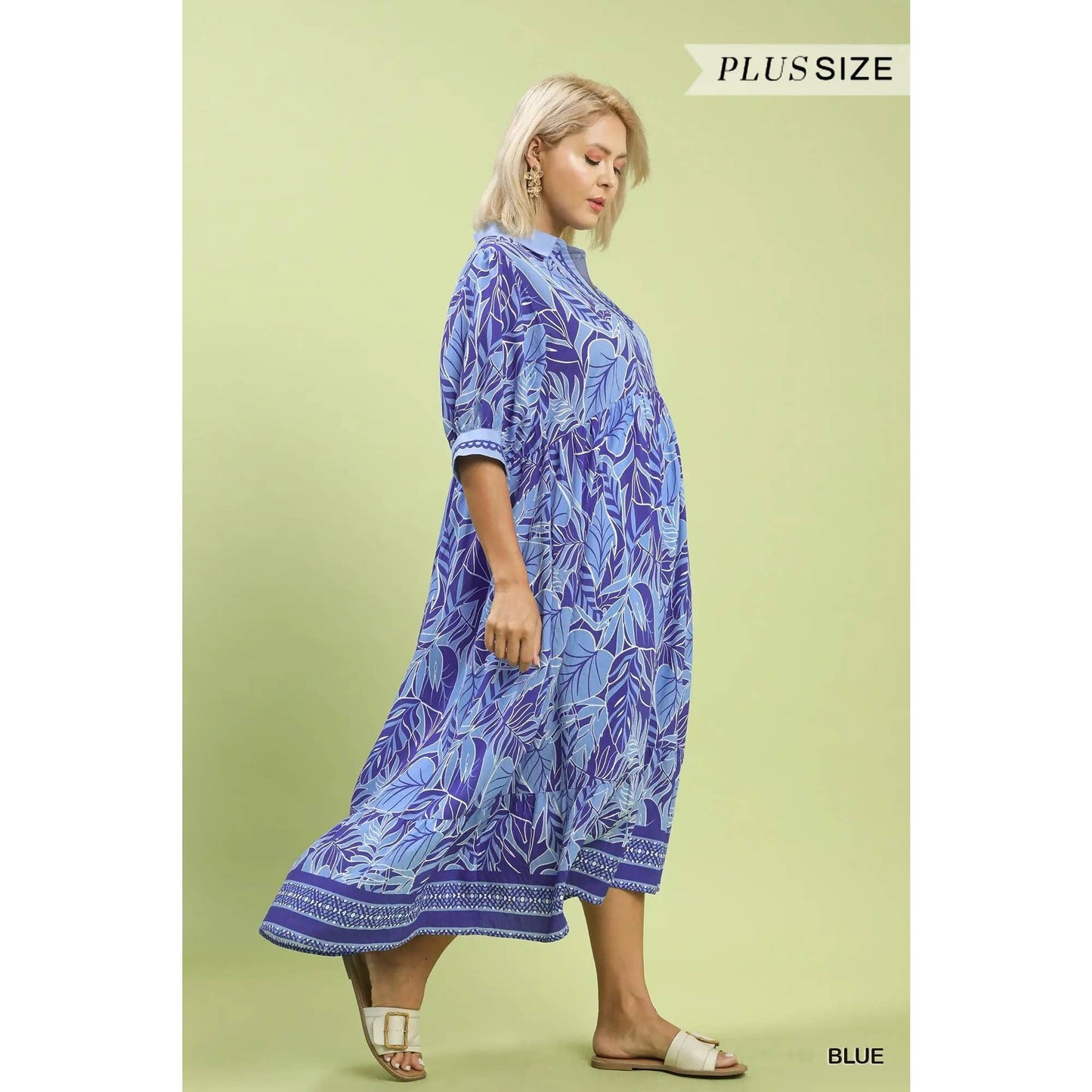 PLUS Leafy Border Print V-Neck Midi Dress : BLUE / XL