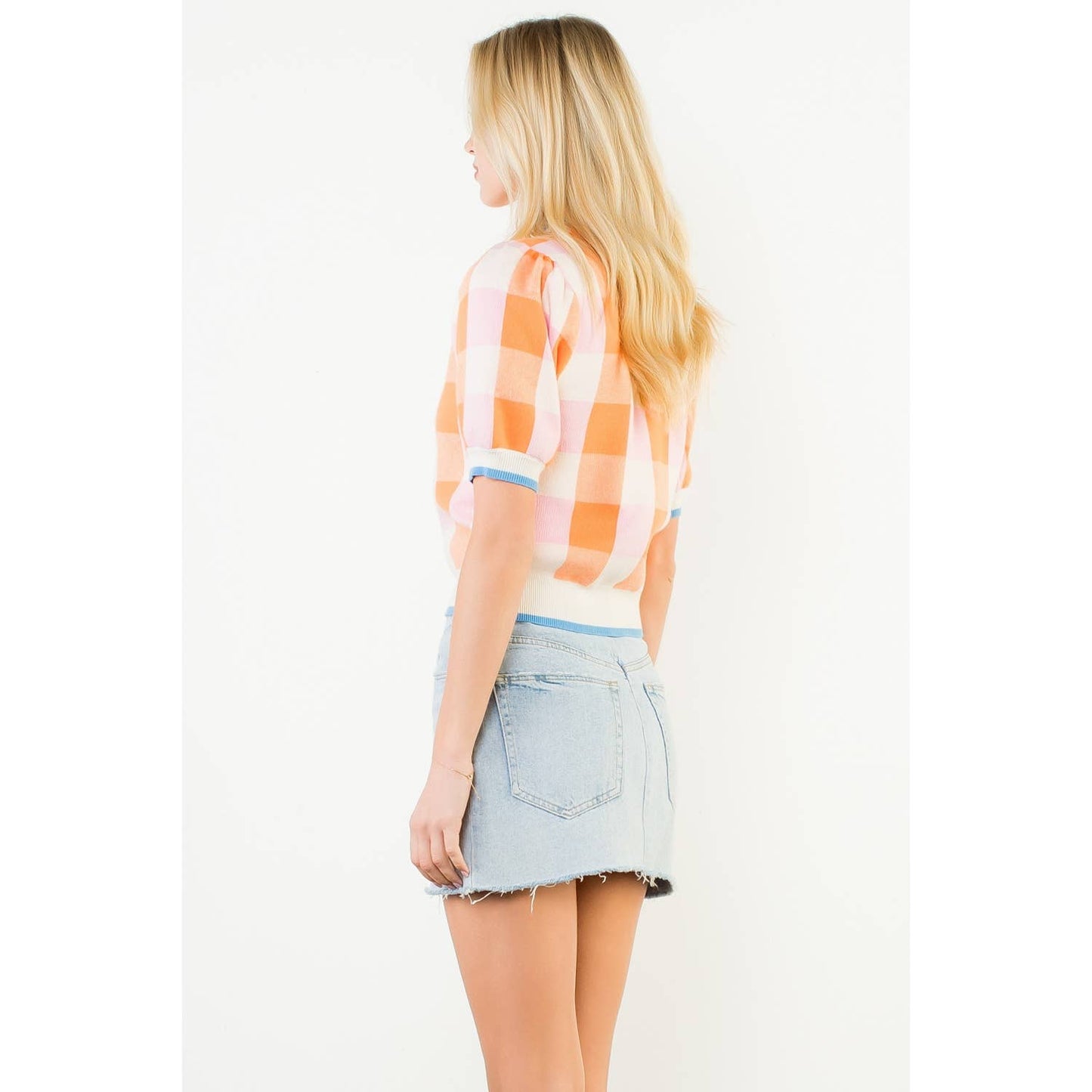 Short Sleeve Check Knit Top: CREAM / XS-S-M-L(1-2-2-1)