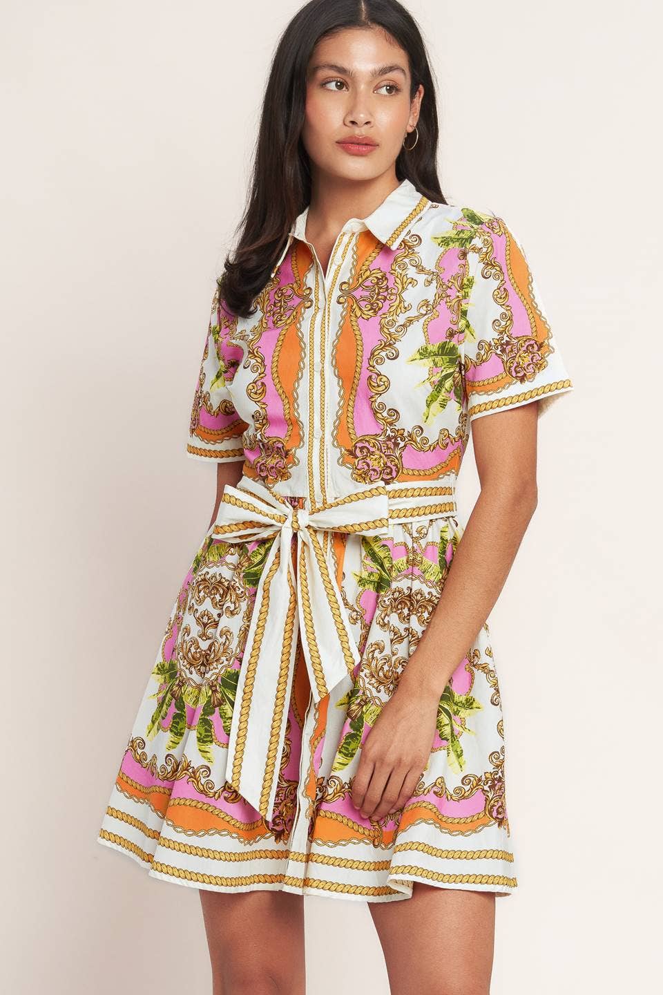A printed woven mini shirt dress - ID23207: OFF WHITE PINK ORANGE / Contemporary / S