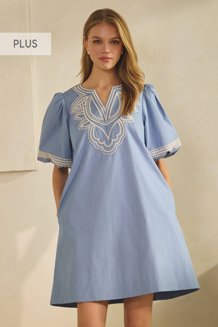 Plus Cotton Poplin Mini Dress: Misty Blue / Plus Size / 1XL