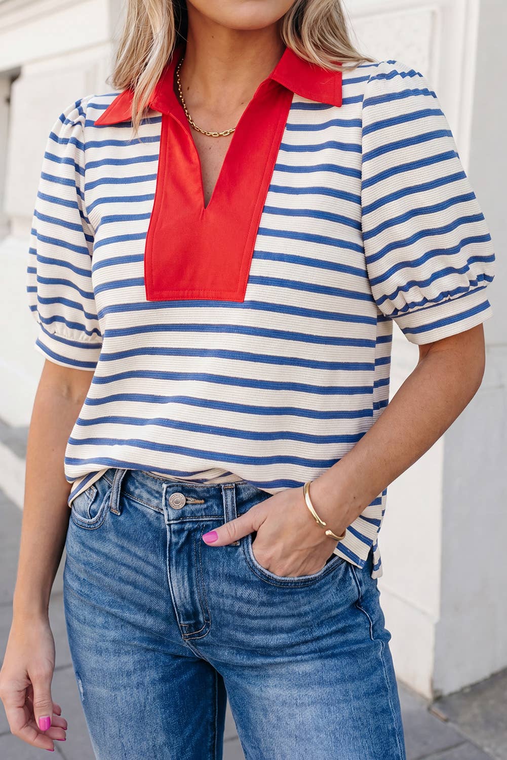 Stripe Short Puff Sleeve Collared Blouse | S-XL: Blue / M