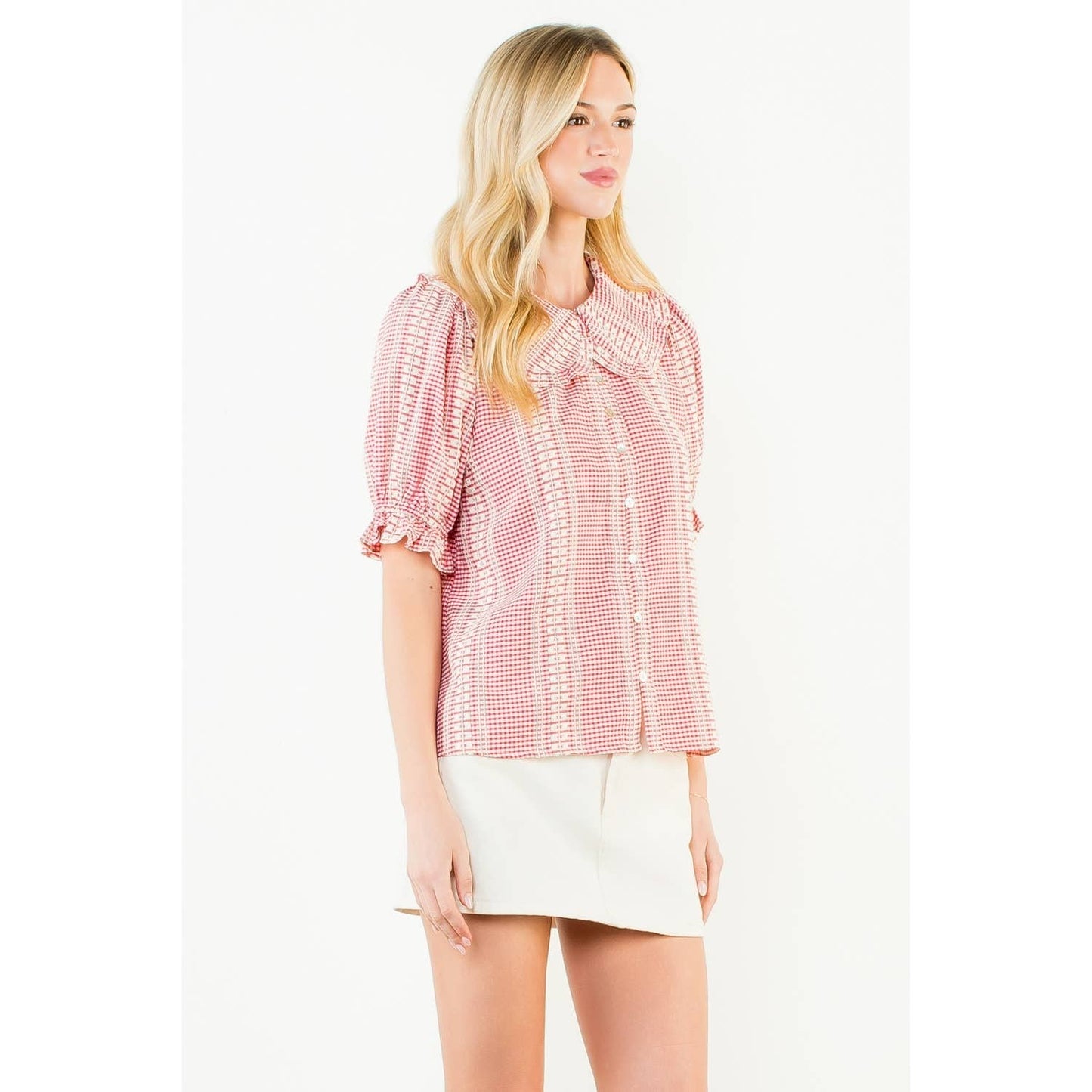 Puff Sleeve Gingham Patterned Top: RED / XS-S-M-L(1-2-2-1)