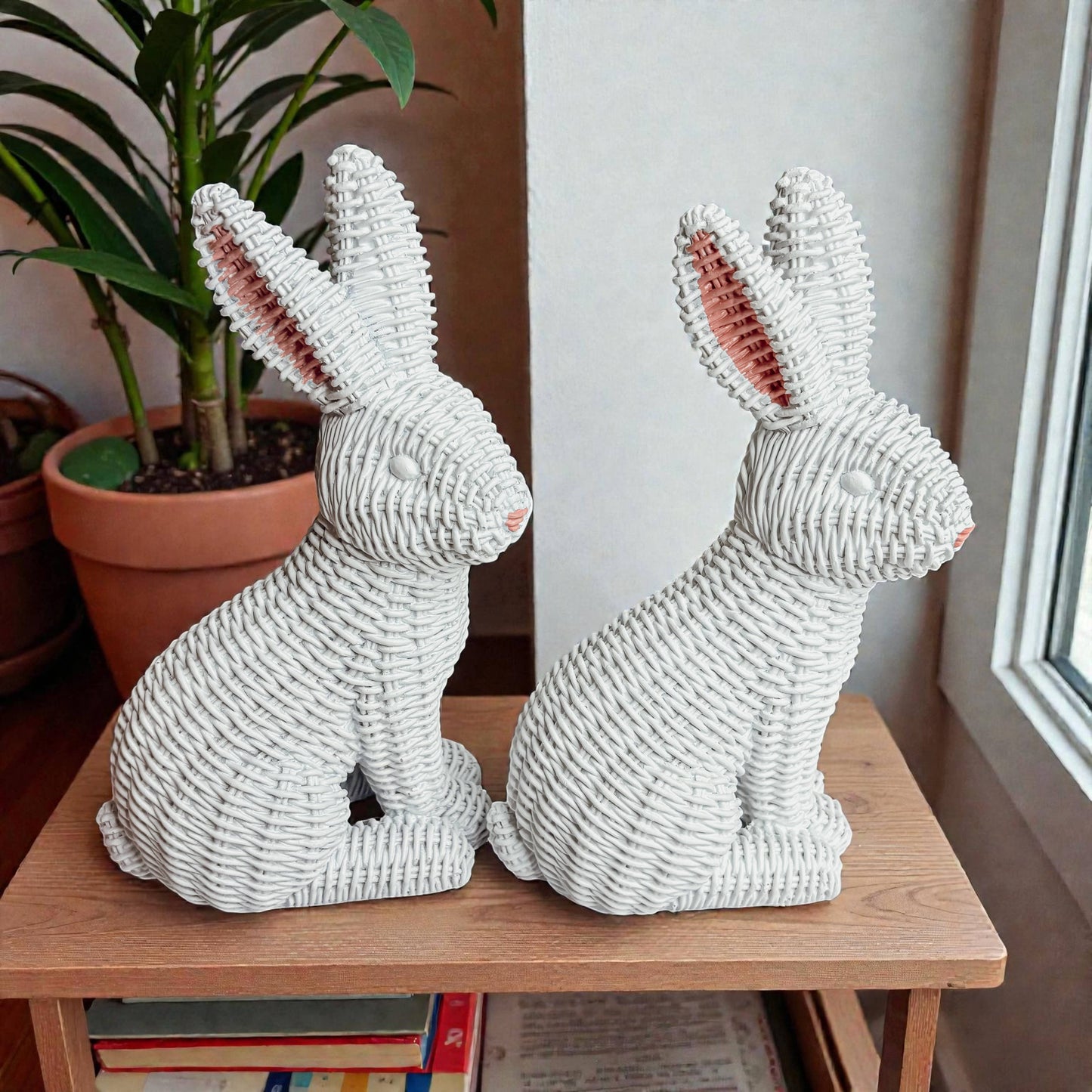 Easter Farmhouse Home Decor, Resin Bunny Figurine Rattan : White
