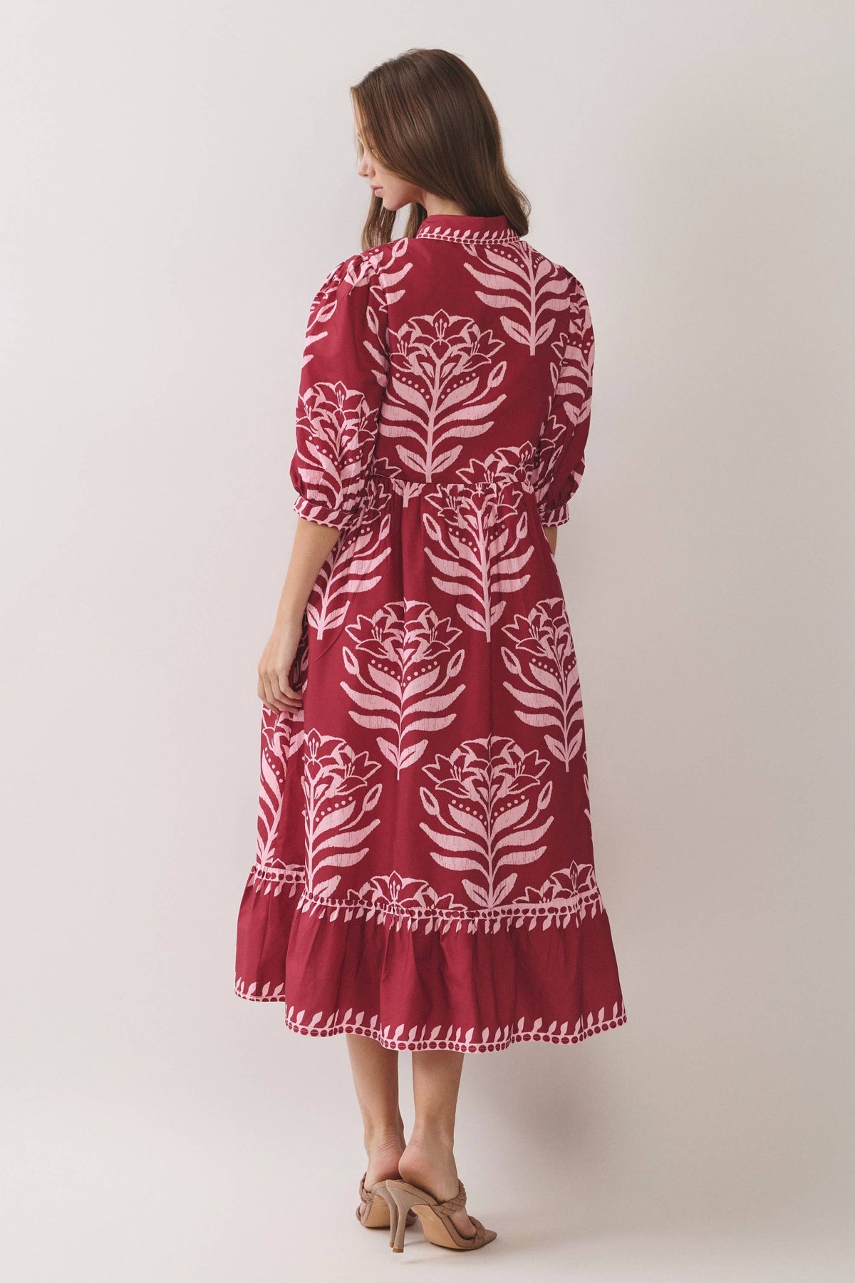 CD07496-Floral Print Puff Sleeve Midi Dress: BERRY / S
