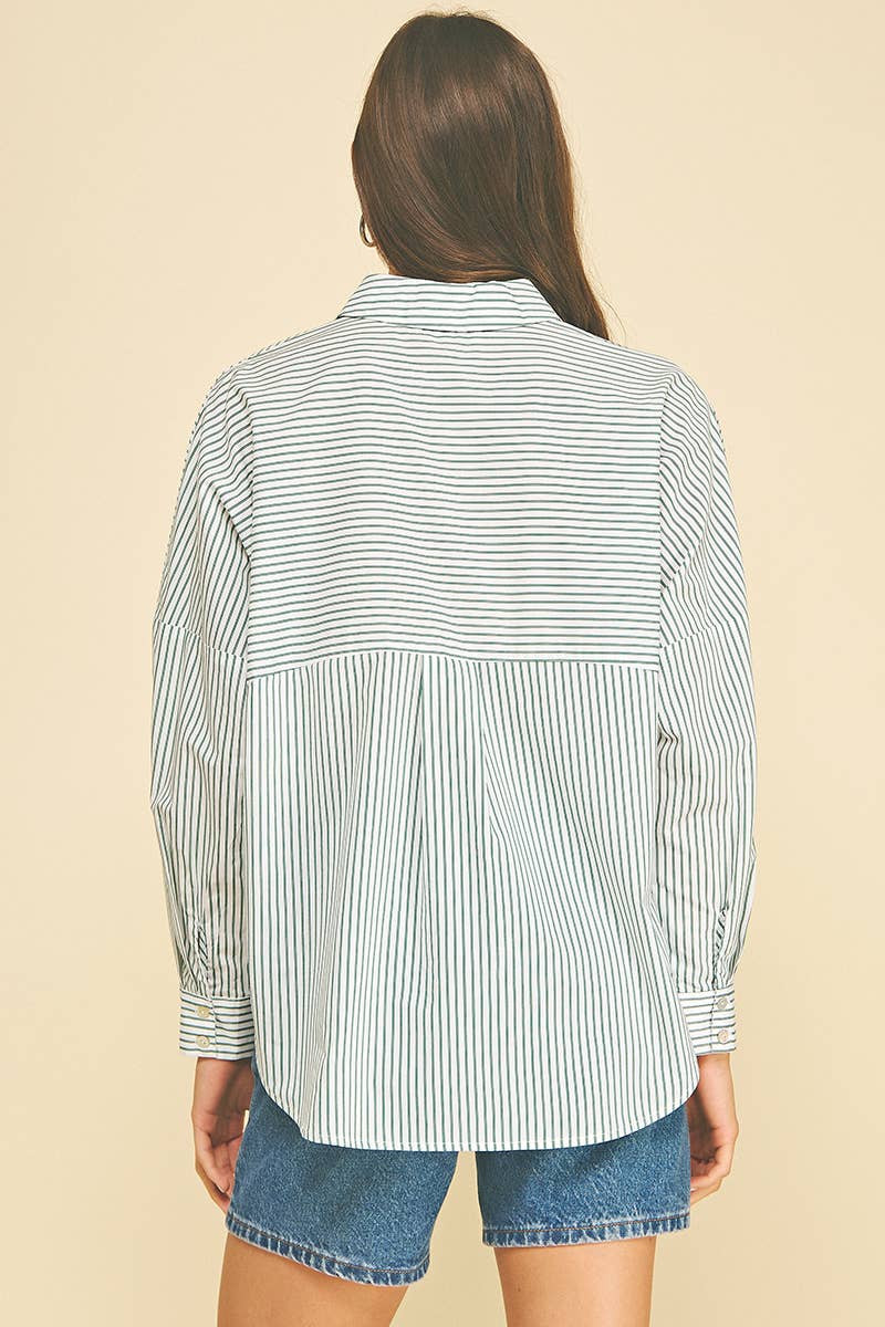 STRIPED BUTTON DOWN SHIRT WITH BLOCKING DETAIL - 6697T: Green / M